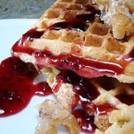 Coconut Waffles with Raspberry Rhubarb Sauce