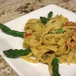 Pasta with Creamy Asparagus & Green Pea Pesto